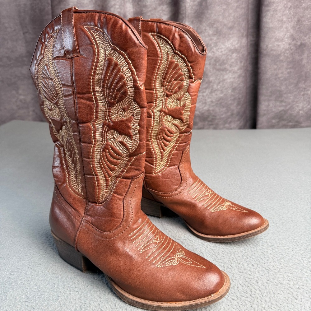Cognac Brown Western Cowboy Boots Embroidered Mid Calf Block Heel Size 8.5M